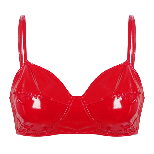 Dam Wetlook Faux Läder Spaghettiband Trådlös Utan Vaddering BH Topp Rave Wear Red M