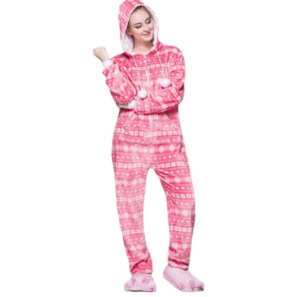 Kvinnor Snowflake Pyjamas Flanell Vinter Pyjamas Tecknad Röd Fågel Sexig Hooded Pijamas Sovkläder Onesies För vuxna Pink M