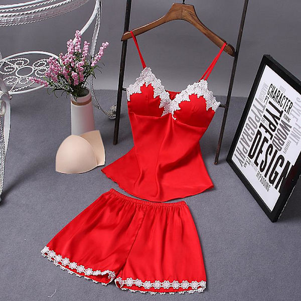 Sexiga spets pyjamas nattlinne shorts set sovkläder för dam Red M