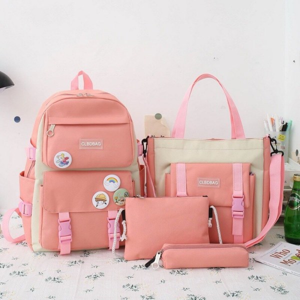 5 stk Sett Ryggsekker For Student Skoleveske For Jenter Multifunksjonelle Skoleryggsekker Håndveske Stor Kapasitet Jenters Pennal 4pcs pink