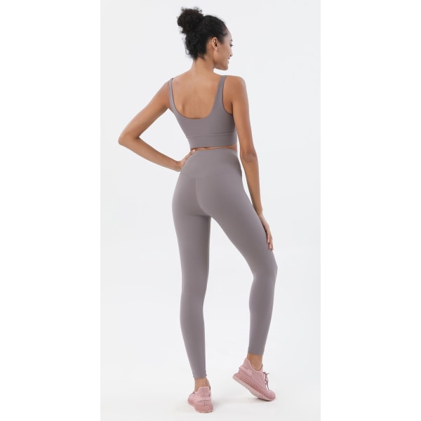 Yoga Set Sports Suit Kvinnor Lounge Wear Crop Toppar och Leggings Pink   Dark Gray L