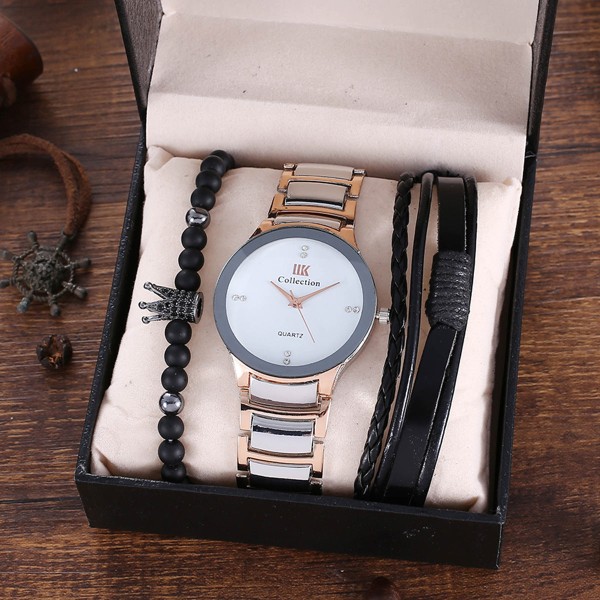 Trendig Business Utmärkt Elegant stålbälte kvarts watch och armband Set Rose gold White