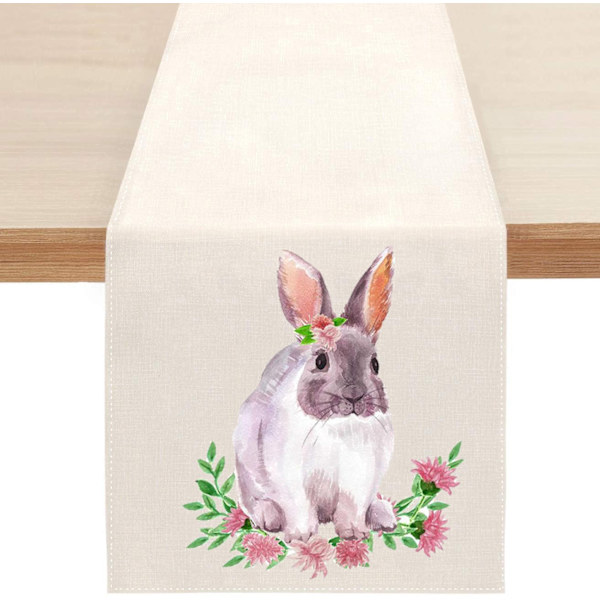 Söt Naturlig Jute Säckväv Påskhare blomma ägg ko tryckt Bordslöpare bordsflagga tygduk överdrag duk fest heminredning rectangle 33X150CM white 4