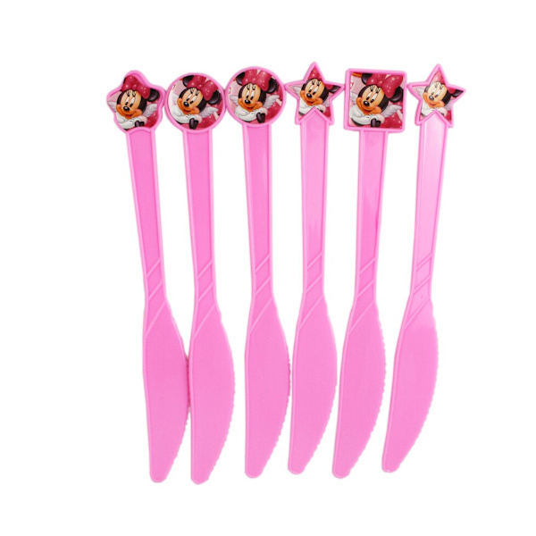 Minnie Mouse Engångsservis Set Barn Födelsedagsfest Tillbehör Papperstallrik Mugg Servett Flagga Flicka Rosa Bröllopstårta Dekoration Knife