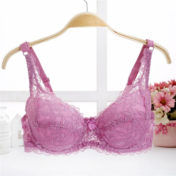 Dam Spets BH Djup V Push Up BH Formande Vadderad BH Underkläder Broderi Lingerie Plus Size BH Beige 34B
