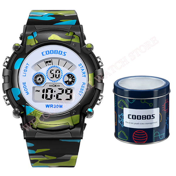 Navyblå Camouflage Børneure LED Farverig Flash Digital Vandtæt Alarm Til Drenge Piger Dato Uge Kreativt Børneur 1015 blue and box