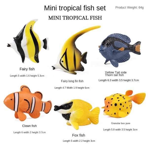 Mini Ocean Tropisk Fisk Model Sæt Simulation Solid Klovnfisk Fe Fisk Rævefisk Børns Undervisningslegetøj DT mini reptiles (6 sets)