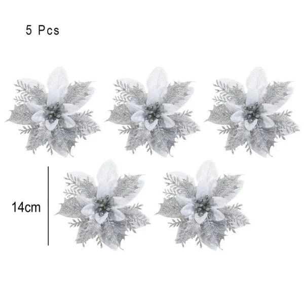 10/5/1 kpl Joulukukat Punainen Glitter Jauhe Kukkapäät Noel Koti Puu Koristeet Navidad Juhlat Pöytäasetus Tarvikkeet Silver-10PCS