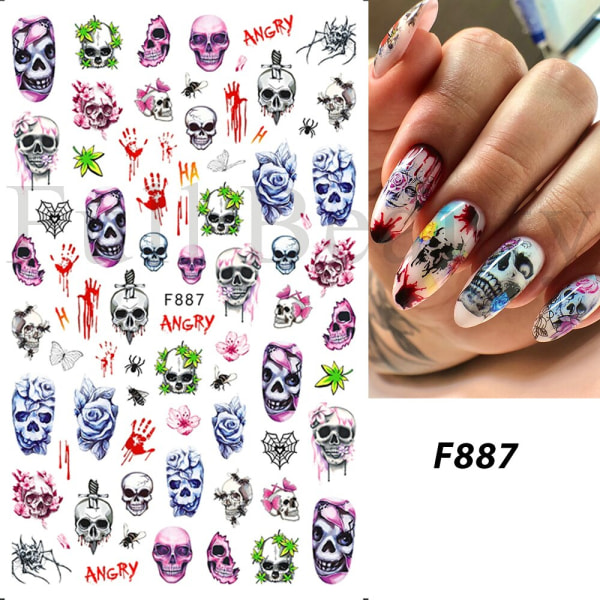 Söt tecknad skalle Nagelklistermärken Spöklik Halloween-dekoration Ghost Bat Evil Pumpa Sliders för manikyr Blodnageldekal GLF886 CY-048