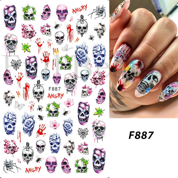Söta Tecknade Dödskalle Nagelstickers Läskig Halloween Dekoration Spöke Fladdermus Ond Pumpa Sliders För Manikyr Blod Nageldekaler GLF886 F892