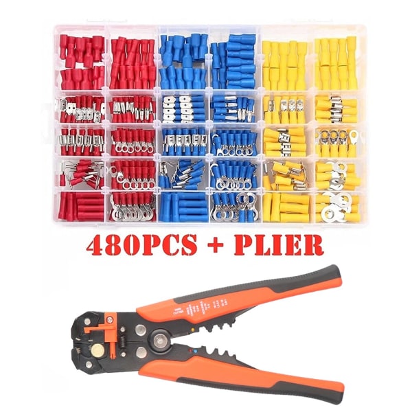 480 kpl valikoituja litteitä liittimiä, eristetty kaapelikytkin, sähköjohdon puristusliitin, rengas, haarukka, sarja, rengaskorvakkeet, valssattu sarja + pihdit As photo 720Pcs and Plier