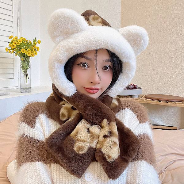 Talvinen Korealaistyylinen Söpö Karhuhattu Kolmiosainen Setti Paksu Tuulenpitävä Lämmin Huivi Kolmiosainen Setti Yksiosainen Hattu Bear khaki three-piece set
