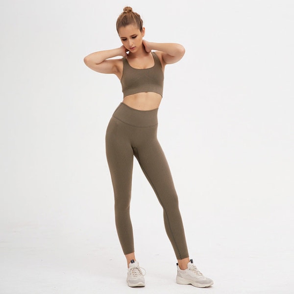 Ribbade Yogaset Fitness BH och Seamless Leggings för kvinnor Coffee L