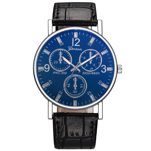 Quartz Klokke Klassisk Mote Herre Skinnbelte Klokke Tre-Øye Blått Lys Klokke for Menn Silver Case black plate Black Belt