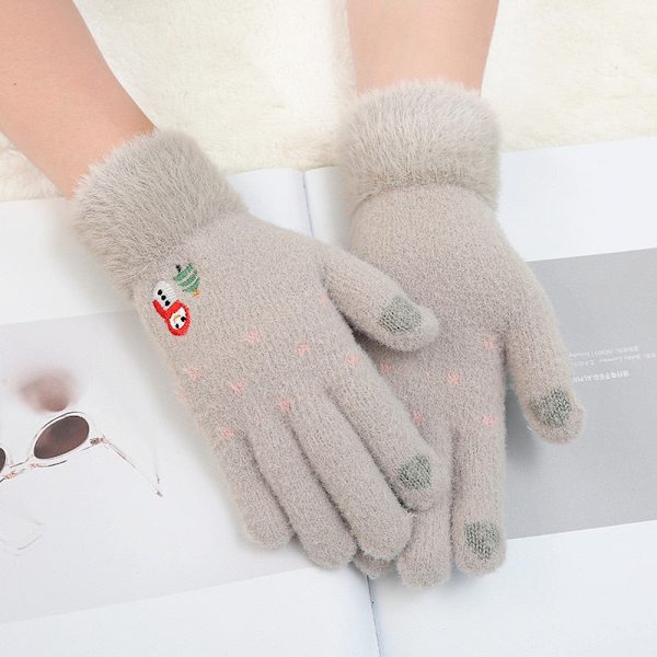 Dam Vinter Varma Handskar Snögubbe Broderi Virkad Yllehandske Pekskärm Mjuka Pälsiga Helfinger Vantar Julklappar A Grey One Size