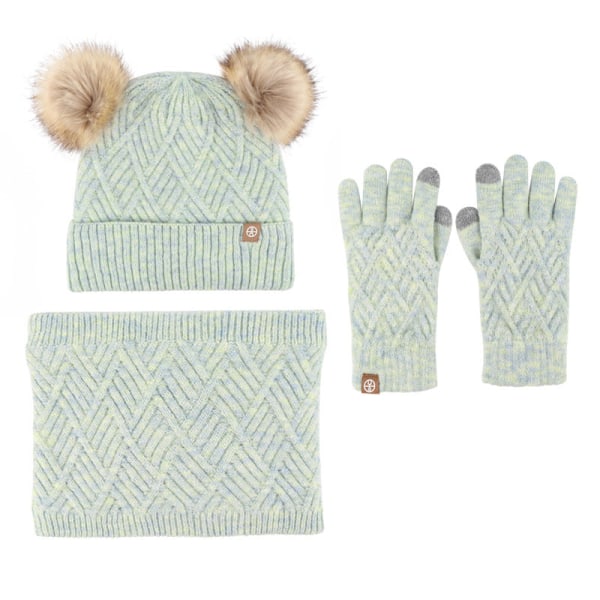 Varm stickad mössa Scarfhandskar 3-delat set plus Fluffy Balls Hat 3-delat set Gray three-piece set