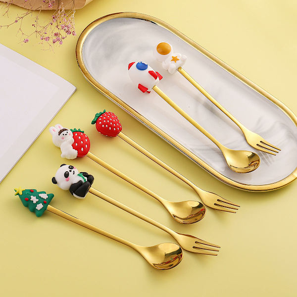 Tegneserie Bordservice Kattepote Ske Sød Dessert Ske Rustfrit Stål Ske Dukke Dessert Frugt Gaffel Golden Fork-Christmas round tree