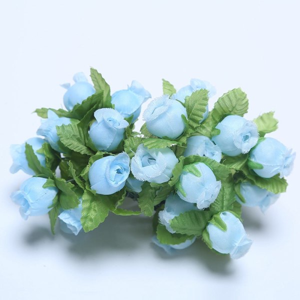 12 stk Mini Kunstig Blomst Silke Rose Blomsterbukett for Bryllupsfest Hjemmedekorasjon DIY Krans Scrapbook tilbehør sky blue