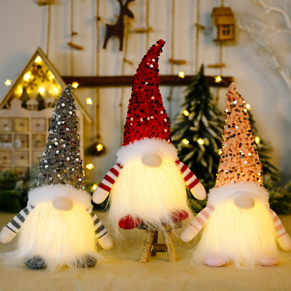 Ny Julepynt Pailletter Rudolf Dukke med Lys Ansigtsløs Dukke Ornamenter Sequin with light faceless doll Red