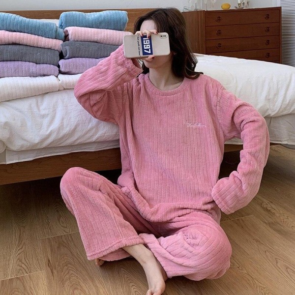Vintervarma Flanell Dam Pyjamas Set Plysch Sammet Långärmad Sovkläder Nattkläder Korall Fleece Flickor Hemmakläder Purple