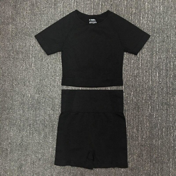 Yoga Sæt Sømløs Langærmet Crop Top Højtaljede Gym Fitness Leggings Til Kvinder ShortsSet-Wine M