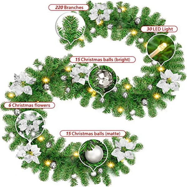 2,7M Jule LED Garland Dekor Krans LED Rattan Garland Dekorativ Grønn Jul Kunstig Juletre Rattan Banner Pinecone RGB LED