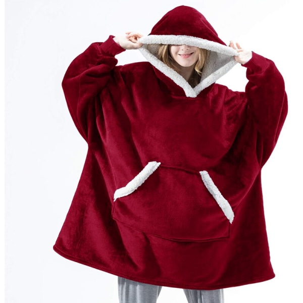 Vinter Oversized Hettegenser Teppe Med Ermer Fleece Genser Rutete Hette Dame Lomme Hettegenser Oversize Mykt Teppe hmy848 red One Size