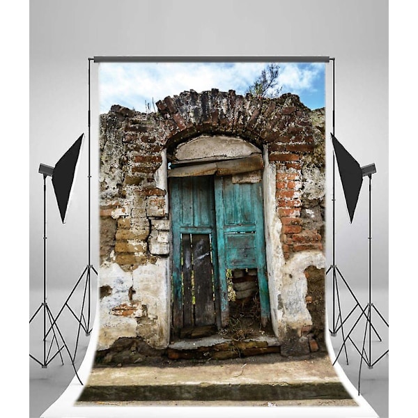 150x220 cm Grunge Bakgrund Väderbiten Tegelvalv Tapet Rustik Flagnande Trädörr Blå Himmelen Vita Moln Natur Fotorekvisita E---25481