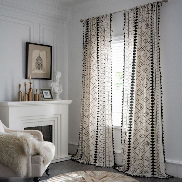 Bohemisk Gardin i Bomull och Linne Amerikansk Tofs Svartvit Tryckt Gardin för Vardagsrum Sovrum Kök Hemtextil KC40 W150xL220cm