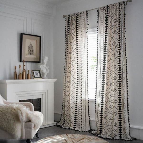 Boho bomull linnegardin amerikansk tofs färdig svartvit printed gardiner för vardagsrum sovrum kök hemtextil KC40 W150xL200cm