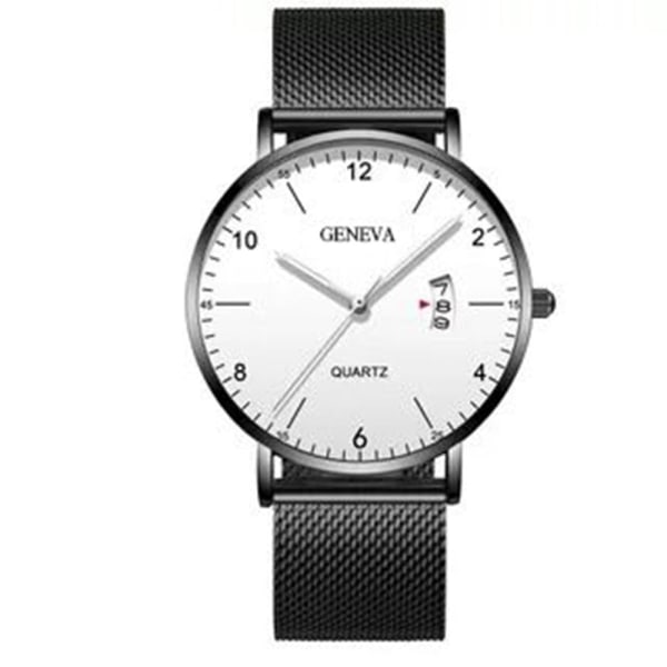 Men's Business Simplicity Digital Scale Calendar Mesh Strap Watch Herr Quartz Watch White surface black shell Black Belt
