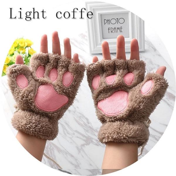 1 par Dame Jenter Nydelige Vinter Varme Fingerløse Hansker Fluffy Bjørn Katt Plysj Pote Klo Halv Finger Hansker Votter Nye wine red One Size