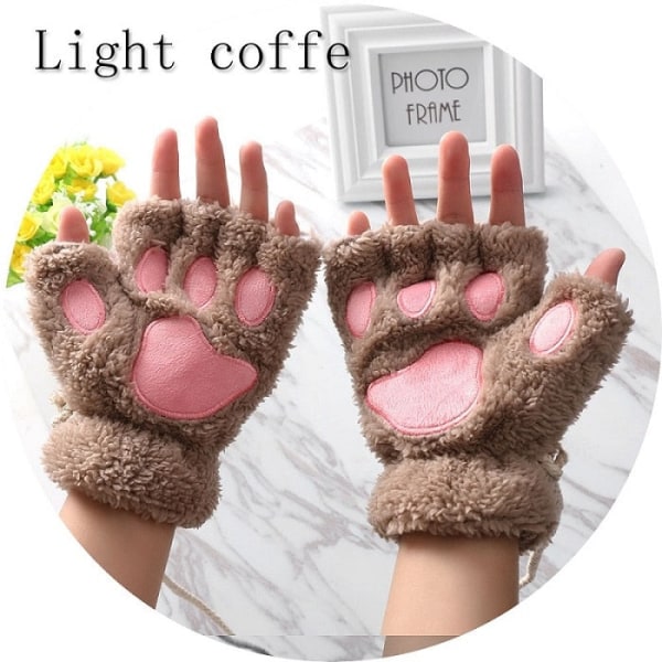 1 Par Kvinnor Flickor Härliga Vinter Varma Fingerless Handskar Fluffy Bear Cat Plysch Paw Claw Halv Finger Handskar Vante Ny wine red One Size