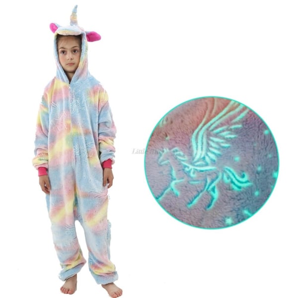 Teinityttöjen yksisarvispyjamat 4 6 8 10 12 -vuotiaille lapsille, Kigurumi-pyjamat, pimeässä hohtava yksisarvis Onesie Kigurumi -lastenpyjamat LA74 4T Height 85-104cm