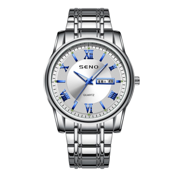 Watch Herr Luminous Waterproof Double Calendar Fashion Ultra-Tunn Watch Quartz Watch Silver Case Blue face