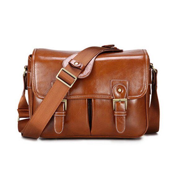 Foto Lyx Kamera Stilfull Mode Retro PU Läder Fodral Handväska Vattentät Axelremsväska Messenger DSLR Väska för Canon Nikon Sony L Reddish Brown L