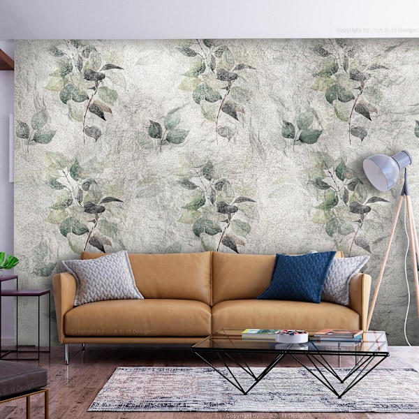 Självhäftande väggmålning - Naturstaty - växtmotiv med gröna blad med grå mönster 98x70 cm 98x70 cm