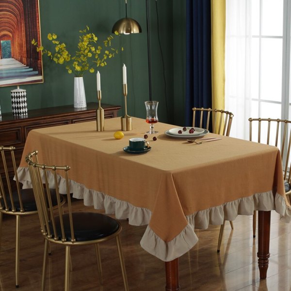 Flæse Syning Bomuldsstof Duge Vaskbar Dug til Bryllupsfest Spisning Banket Dekoration Luksuriøs Duge Beige ruffles 140x220cm