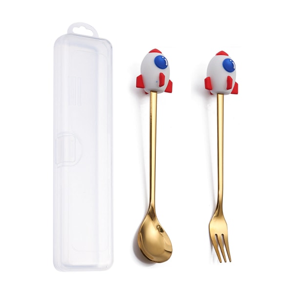 Q Joulu Jälkiruokalusikka-haarukka Setti Söpö Nukkemainen Jälkiruokalusikka Sarjakuva Astiasto Hedelmähaarukka Kannettava Kahvilusikka Rocket gold spoon Fork storage box