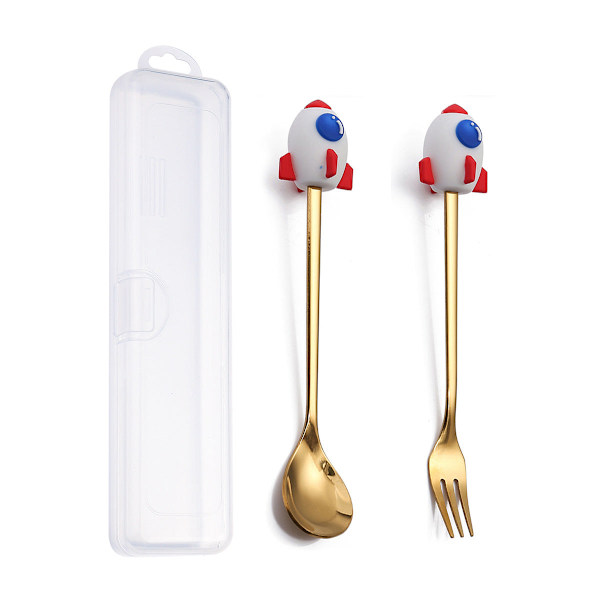 Q Juldessert Gaffel-Sked Set Söt Docka Dessertsked Tecknad Bordsartiklar Fruktgaffel Portabel Kaffesked Rocket gold spoon Fork storage box