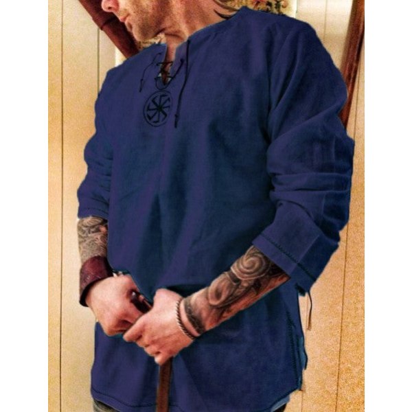 Halloween Middelalder Renaissance Cosplay Kostume Mænd Vikinger Pirat Toppe Retro T-shirts Tunika Antik Slavisk Ridder Kriger Outfit Dark Blue M