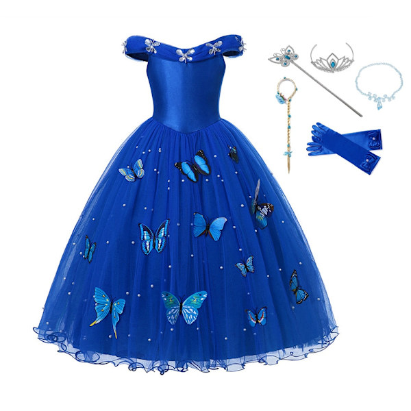 Jente Bryllup Prinsesse Kjole Barn Halloween Fest Askepott Cosplay Kostyme Blå Ermeløs Mesh Ballkjole Barneklær 4T Dress Sets B3