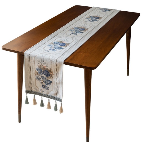Bordløper i europeisk stil med blomster, chenille-dusker, duk til hjemmet, polyesterduk, bordløper European white long fringe 32x270