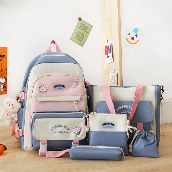 5 stk Sett Ryggsekker For Student Skoleveske For Jenter Multifunksjonelle Skoleryggsekker Håndveske Stor Kapasitet Jenters Pennal 4pcs pink