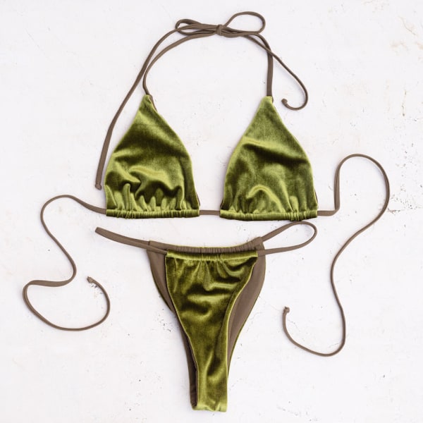 Bikinit uimapuku kultainen sametti yksivärinen uimapuku naisille seksikäs kolmio jaettu uima-asu bikini Wine Red M