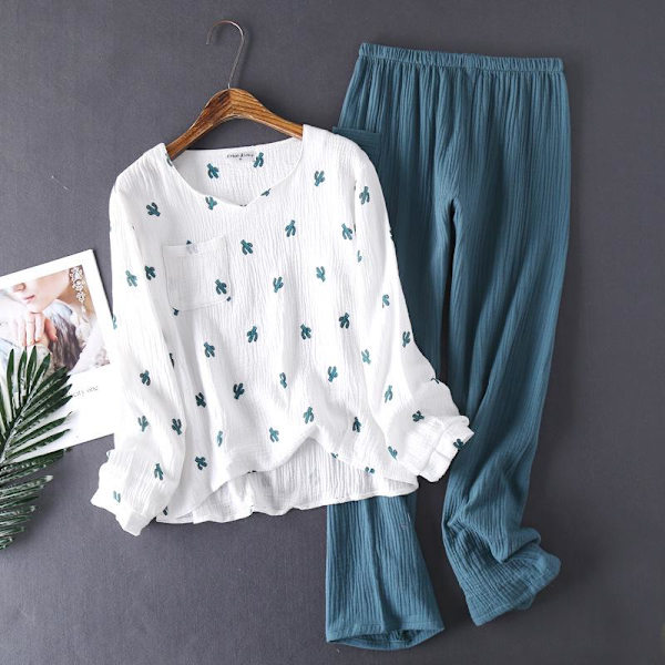 Nya Japansk Stil Vår och Höst Dam Bomull Krepp Tyg Långärmad Byxor Pyjamas Kaktus Bekväm Hemmaservice White L