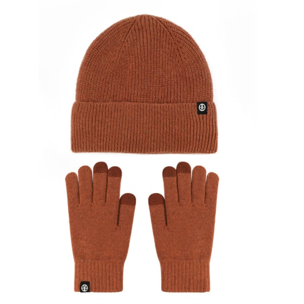 Varm Stickad Mössa Handskar Tvådelad Fleecefodrad Pekskärm Ullmössa Tvådelad Kostym Mud gray two-piece set