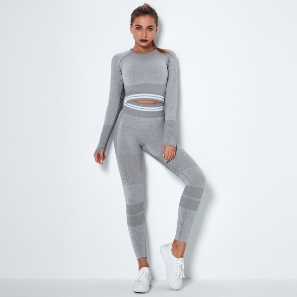 Sømløs Strikket Hurtigtørrende T-shirt Sports Løbe Yoga Tøj Langærmet Sæt Stribede Fitness Yoga Bukser 6302 long sleeve trousers suit-Black M