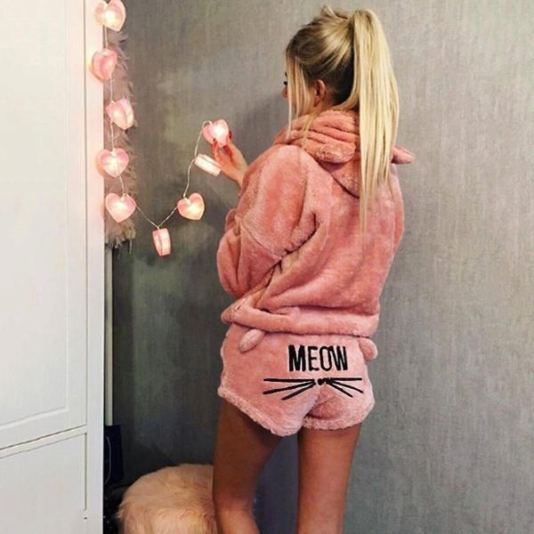 Dammode Vinter Pyjamas Set Söt och Gullig Långärmad Sammet Varm Hoodie och Shorts Mode Hemmakläder Set Beige XL