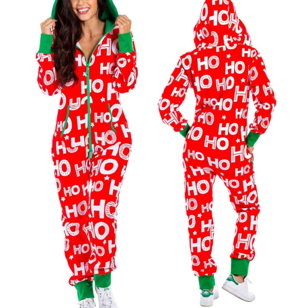 Julepysjamas i ett stykke for kvinner med hette, Santa-mønster, koselige jumpsuiter for voksne, festlig hjemmeklær Cat XL